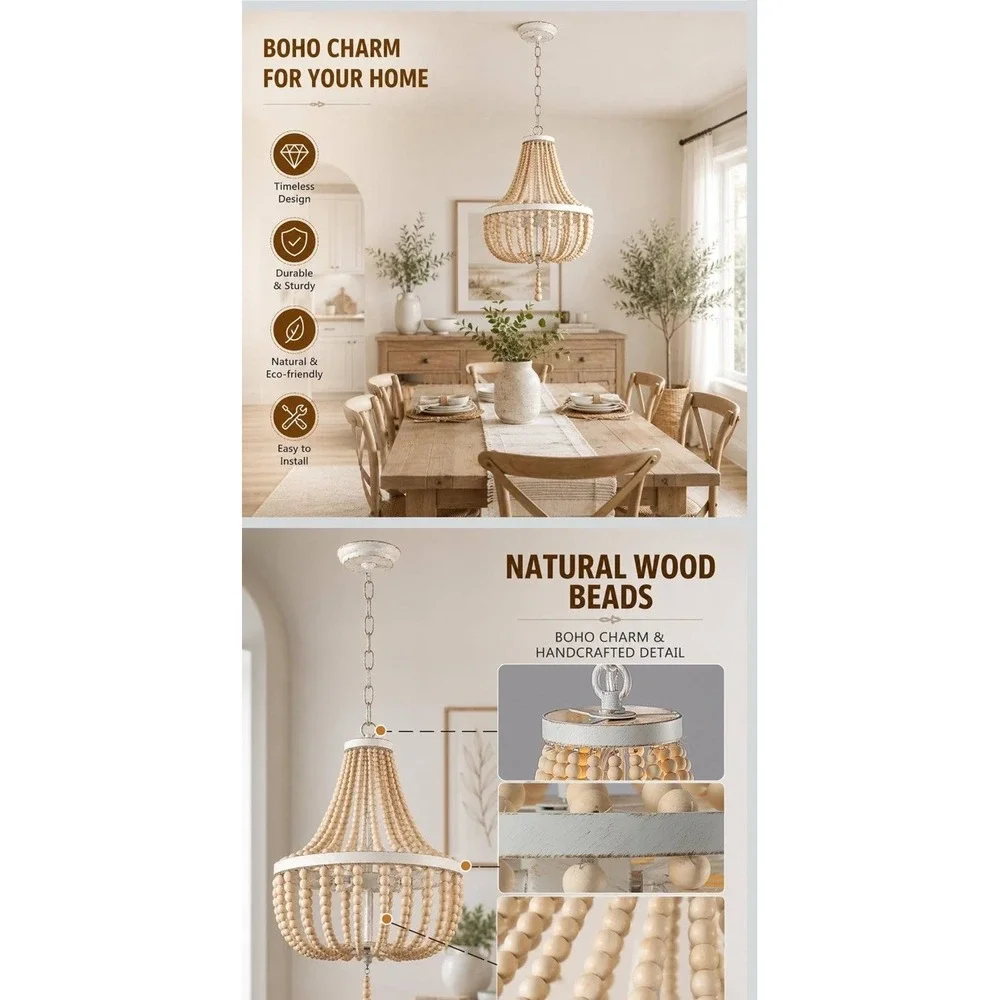 3-Light Wood Bead Chandelier Boho Light Fixture Antique Rustic Metal White Oak